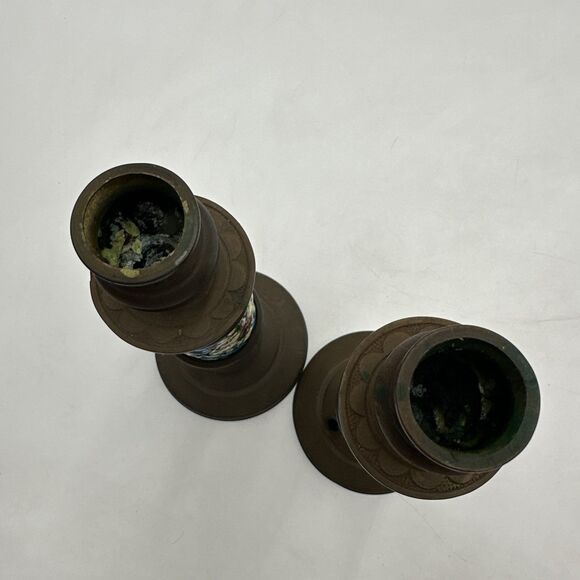 Set 2 Antique French Brass & Bronze Candlestick w/Longwy Pottery Column. 9” Tall - Picture 6 of 10